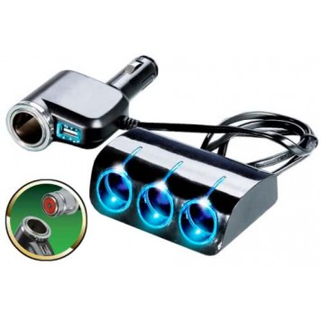 Разветвитель прикуривателя 12/24V на 3 гнезда 120 W + 1 гнездо и 1 х USB разъем 5V-1.2 А, св.подсв. 