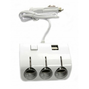 Разветвитель прикуриателя 3-х фазный с подсветкой и выкл. (2 USB) Белый(17510)