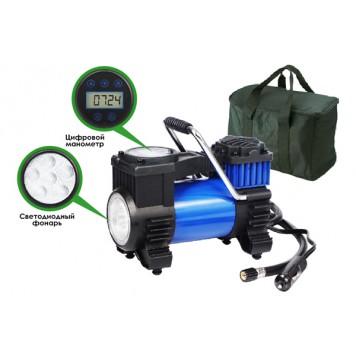 Компрессор автомобильный цифровой, усиленный, с фонарем (12B, 120 Вт, 35 л/мин, в прикуриватель, с сумкой)