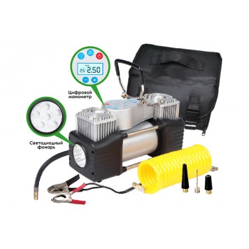 Компрессор автомобильный цифровой, усиленный, 2-х цилинд., с фонарем (12 В, 300 Вт, 70 л/мин, с сумкой)